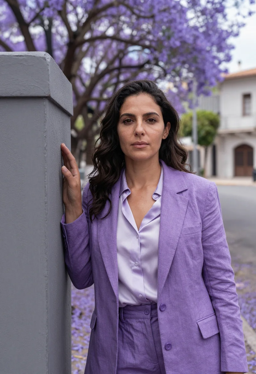 AI palermo interior designer jacaranda violet sample — portrait of a woman, an Argentine interior designer in her m