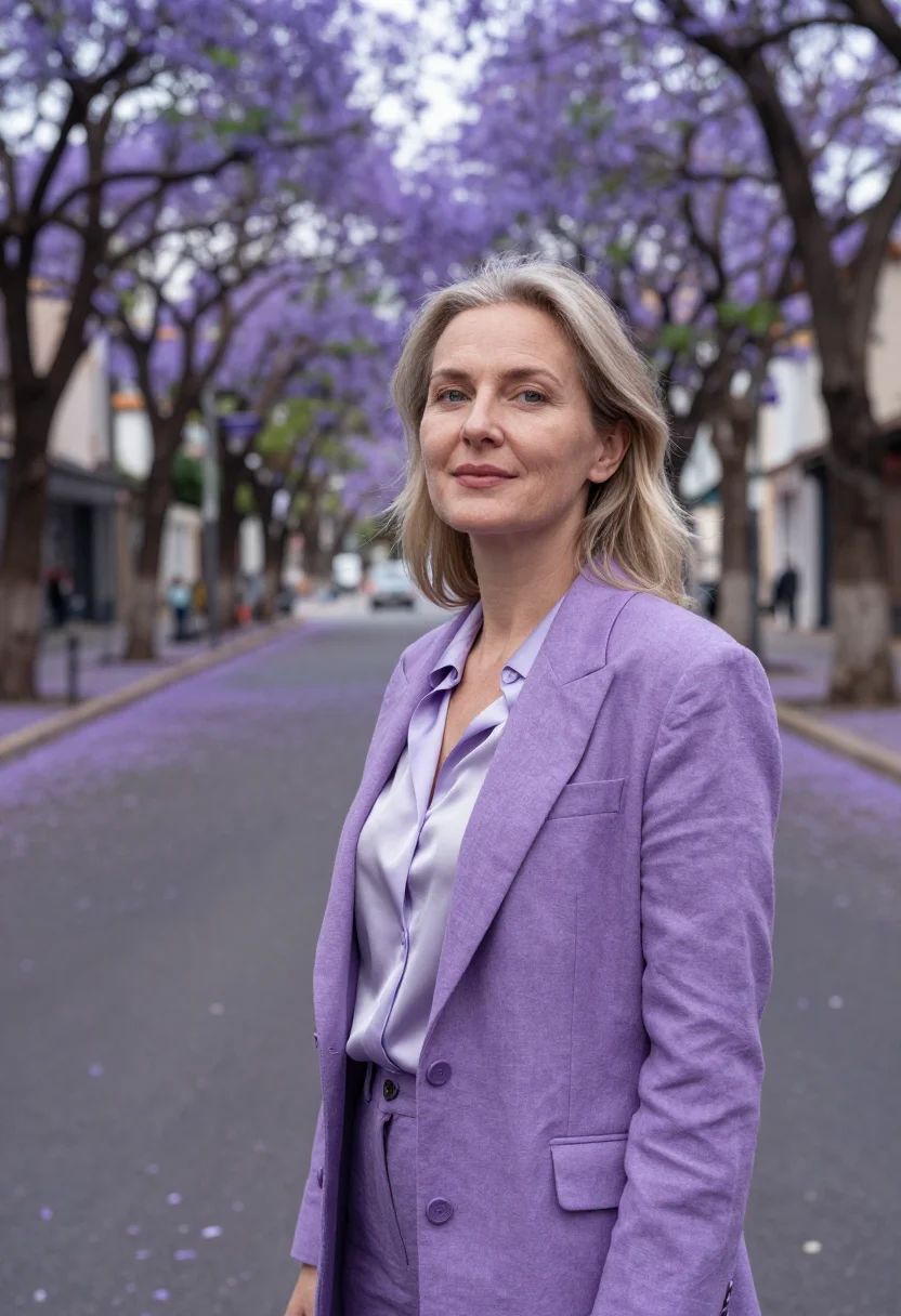 AI palermo interior designer jacaranda violet sample — portrait of a woman, an Ukrainian-Argentine interior designe