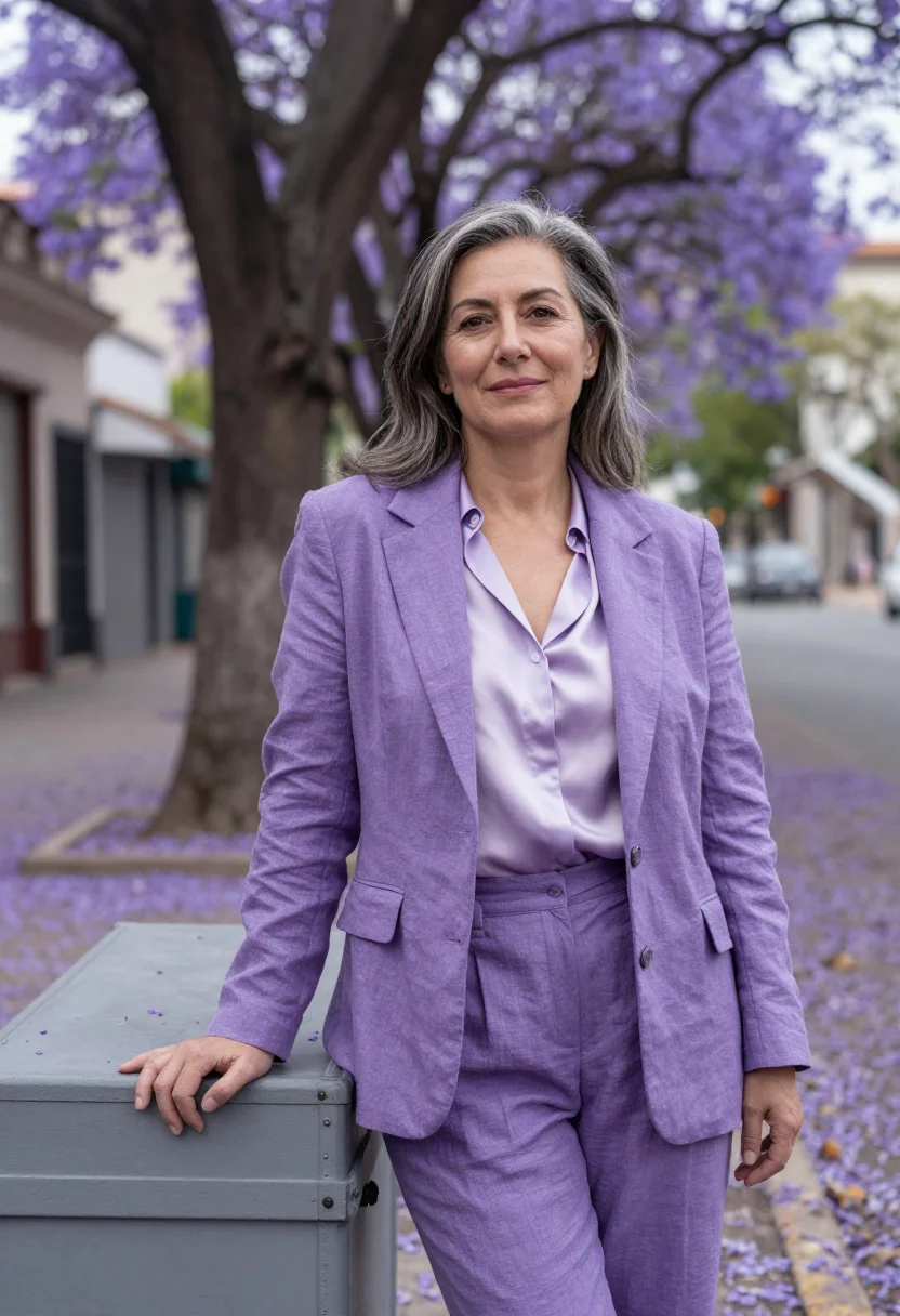AI palermo interior designer jacaranda violet sample — portrait of a woman, a Spanish interior designer in her late