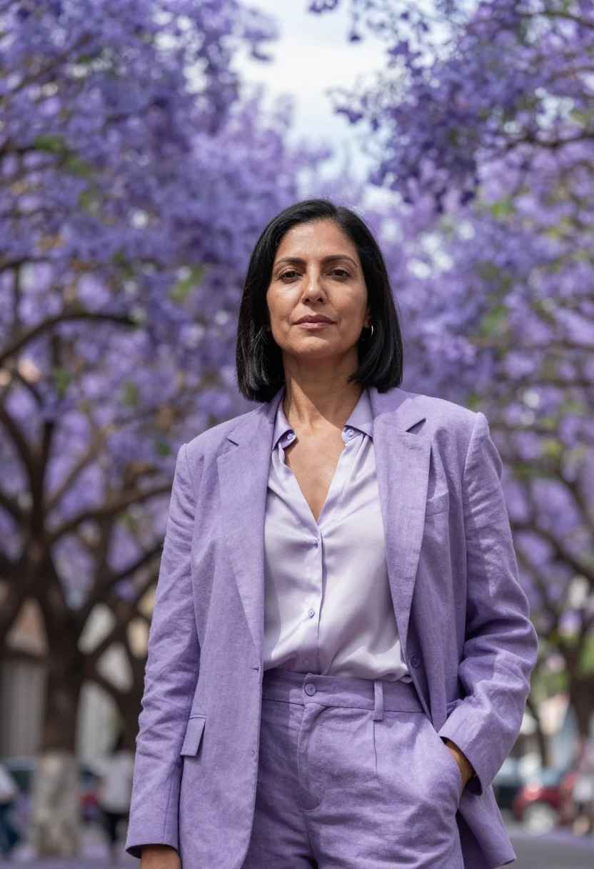 AI palermo interior designer jacaranda violet sample — portrait of a woman, an Argentine interior designer in her e
