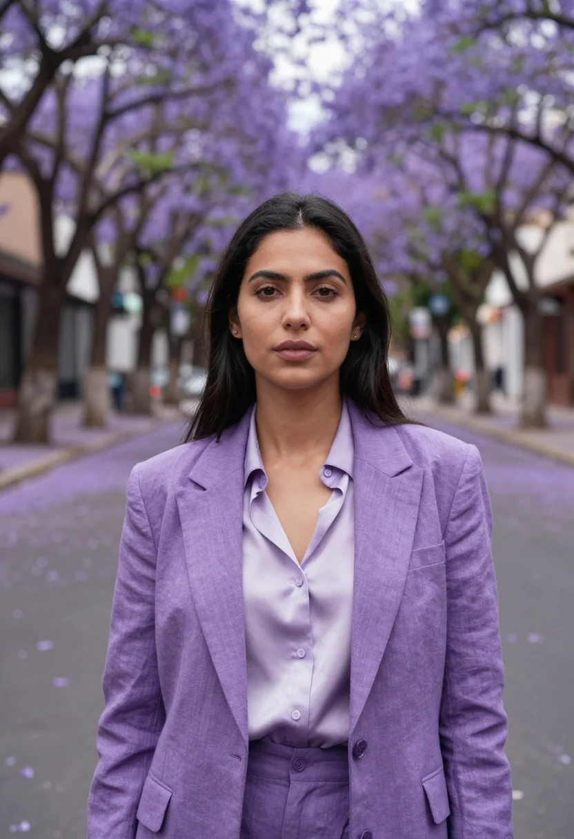 AI palermo interior designer jacaranda violet sample — portrait of a woman, a Chilean interior designer in her late