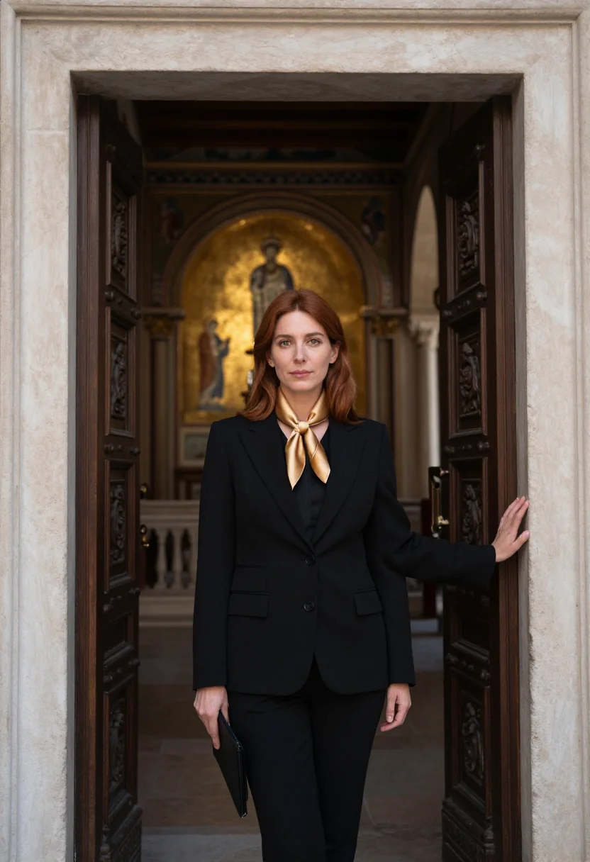 AI palermo lawyer palatine mosaic gold sample — portrait of a woman, in her early forties, with fair skin, h