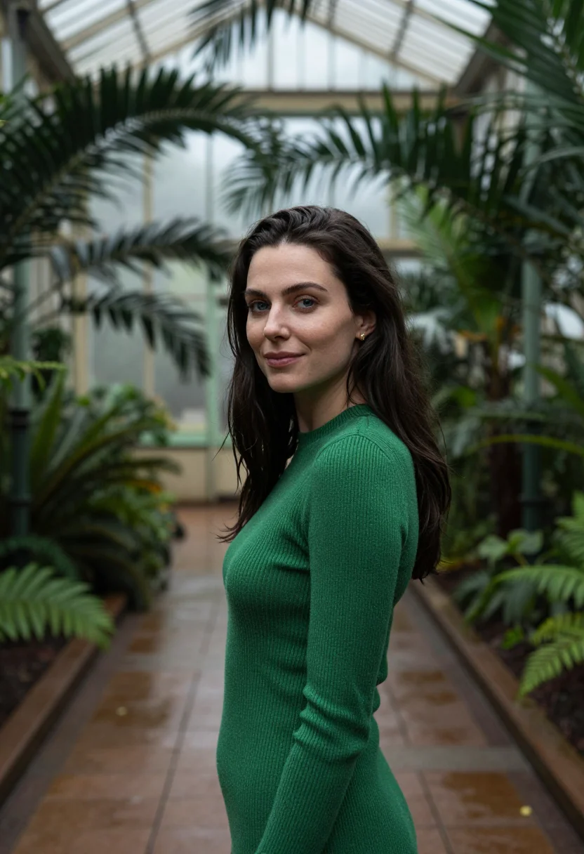 AI palm house november green sample — portrait of a woman, framed tight, head and shoulders, the b