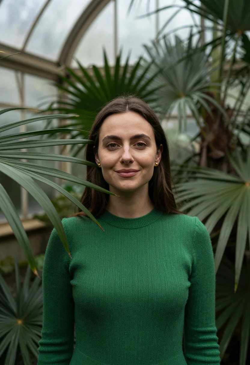 AI palm house november green sample — portrait of a woman, framed tight, head and shoulders, the b