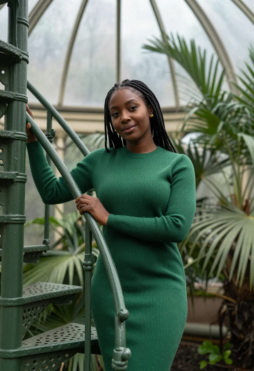 AI palm house november green sample — portrait of a woman, framed chest-up, cropped at the ribs, t
