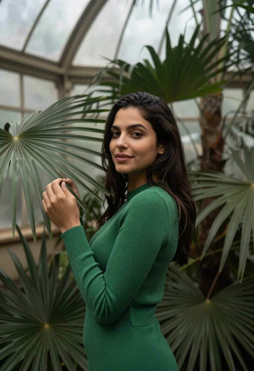 AI palm house november green sample — portrait of a woman, framed chest-up, cropped at the ribs, t