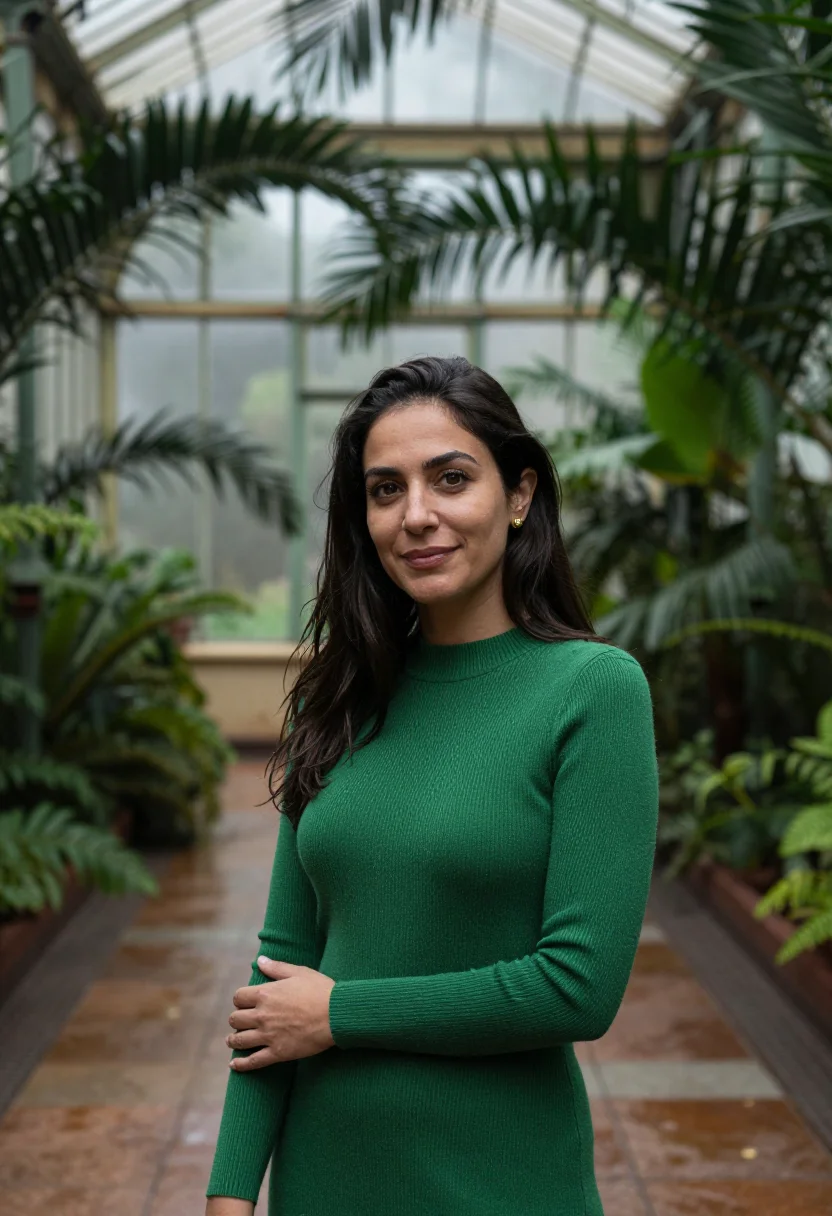 AI palm house november green sample — portrait of a woman, framed chest-up, cropped at the ribs, t