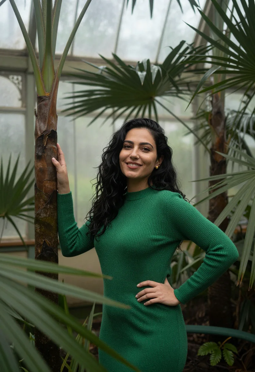 AI palm house november green sample — portrait of a woman, framed half-length from the head to the