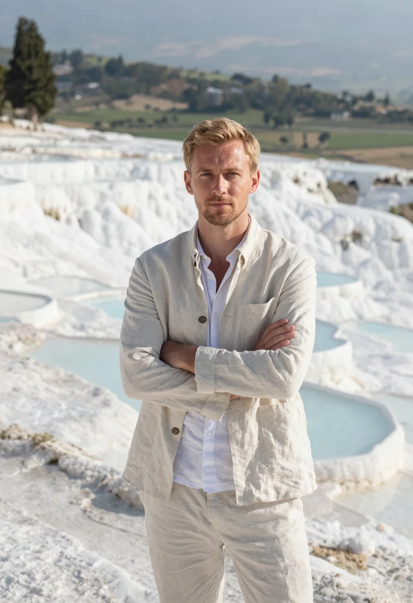 AI pamukkale geologist travertine terraces sample — portrait of a man, a geologist in his early forties, Norther