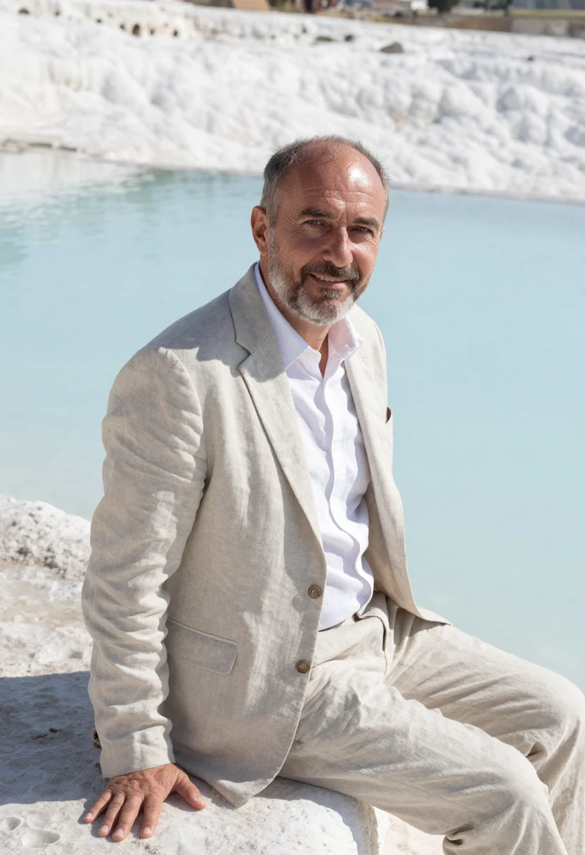 AI pamukkale geologist travertine terraces sample — portrait of a man, a geologist in his mid-forties, Western E