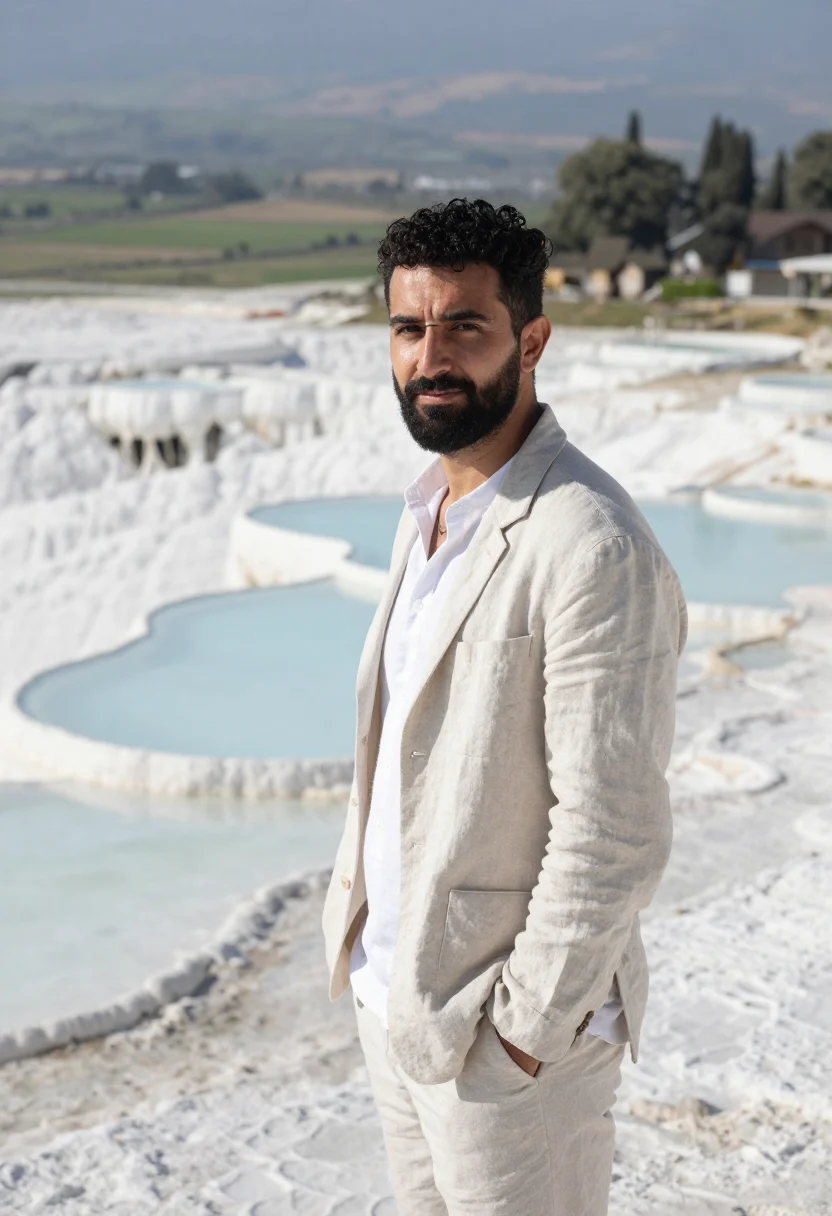AI pamukkale geologist travertine terraces sample — portrait of a man, a geologist in his mid-thirties, of Greek
