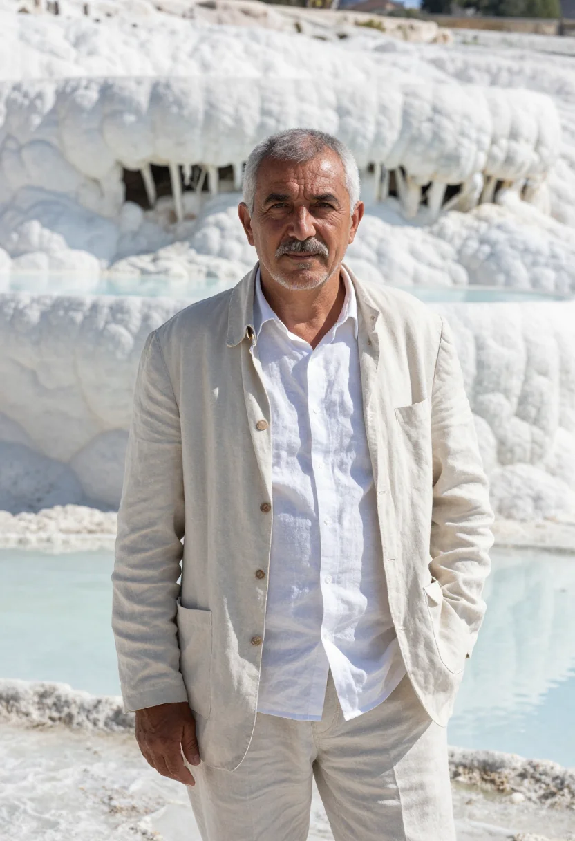 AI pamukkale geologist travertine terraces sample — portrait of a man, a geologist in his early fifties, Anatoli