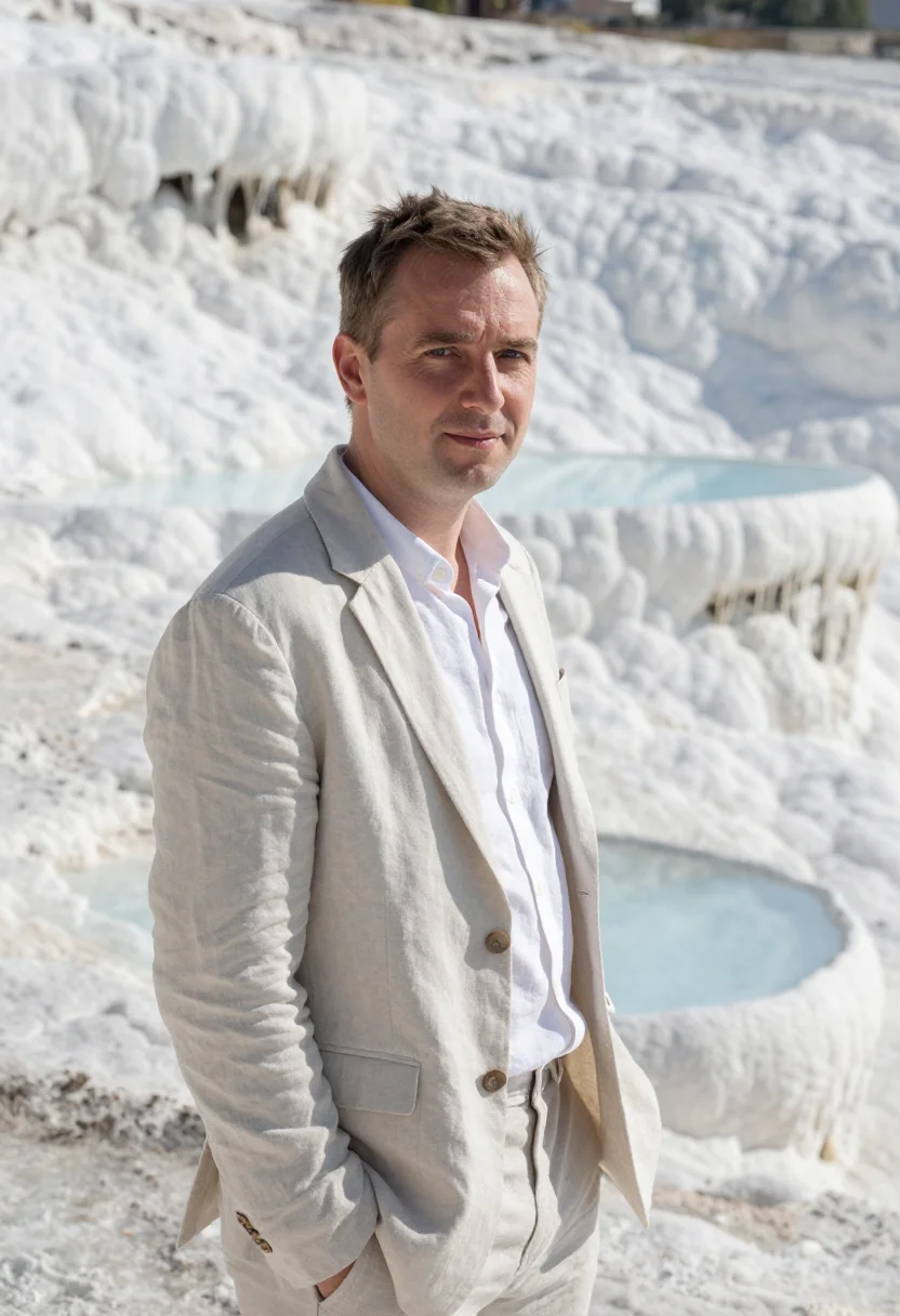 AI pamukkale geologist travertine terraces sample — portrait of a man, a geologist in his late thirties, Western