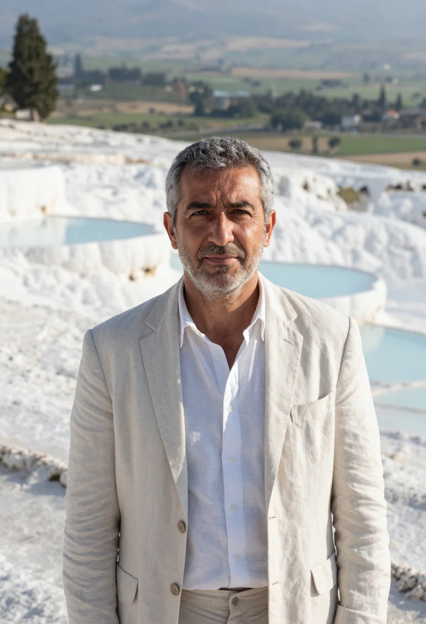 AI pamukkale geologist travertine terraces sample — portrait of a man, a geologist in his late forties, of Turki