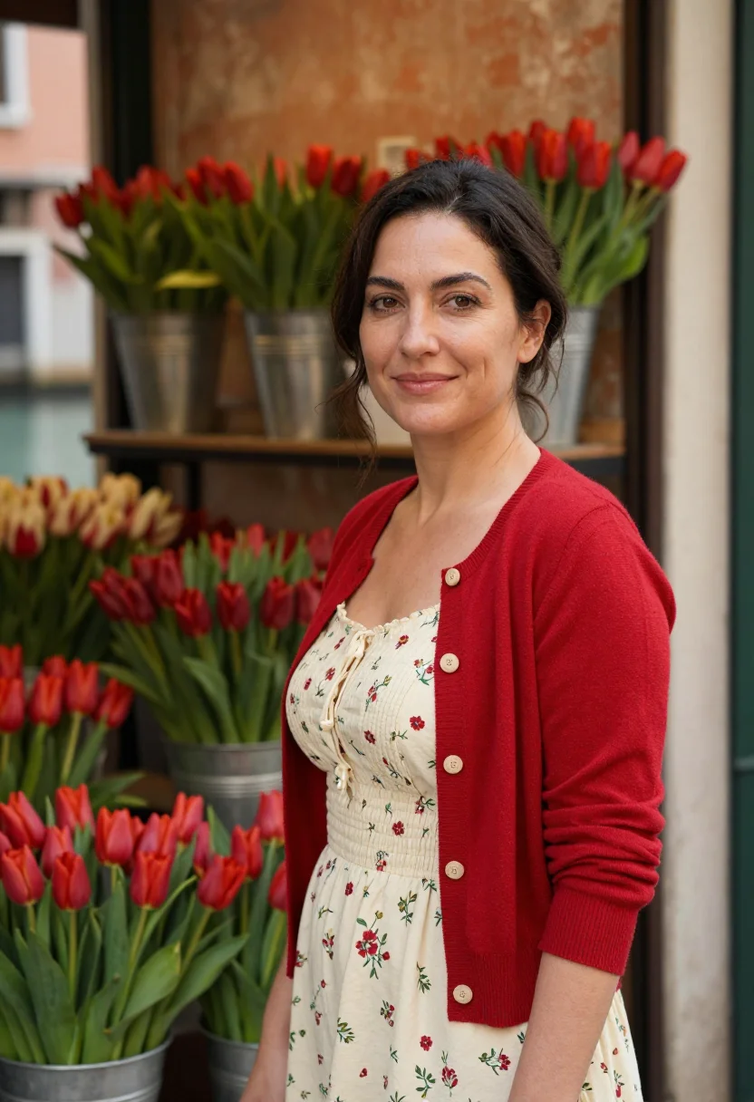 AI pane e tulipani venice florist palette sample — portrait of a woman in cream and red, in her early forties,