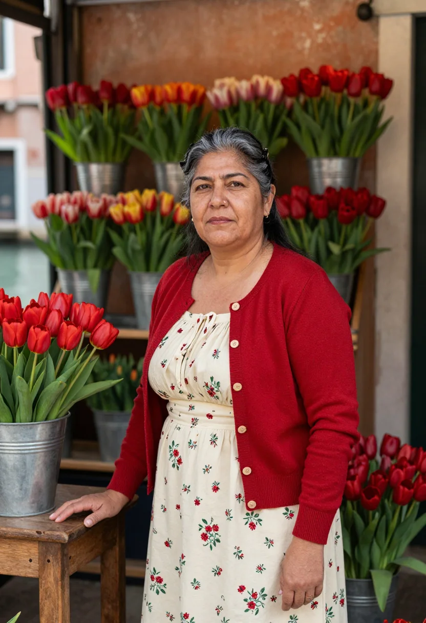 AI pane e tulipani venice florist palette sample — portrait of a woman in cream and red, in her fifties, of Spa
