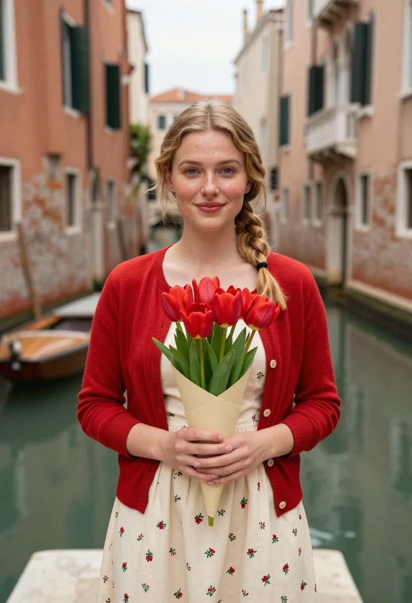AI pane e tulipani venice florist palette sample — portrait of a woman in cream and red, in her twenties, of En