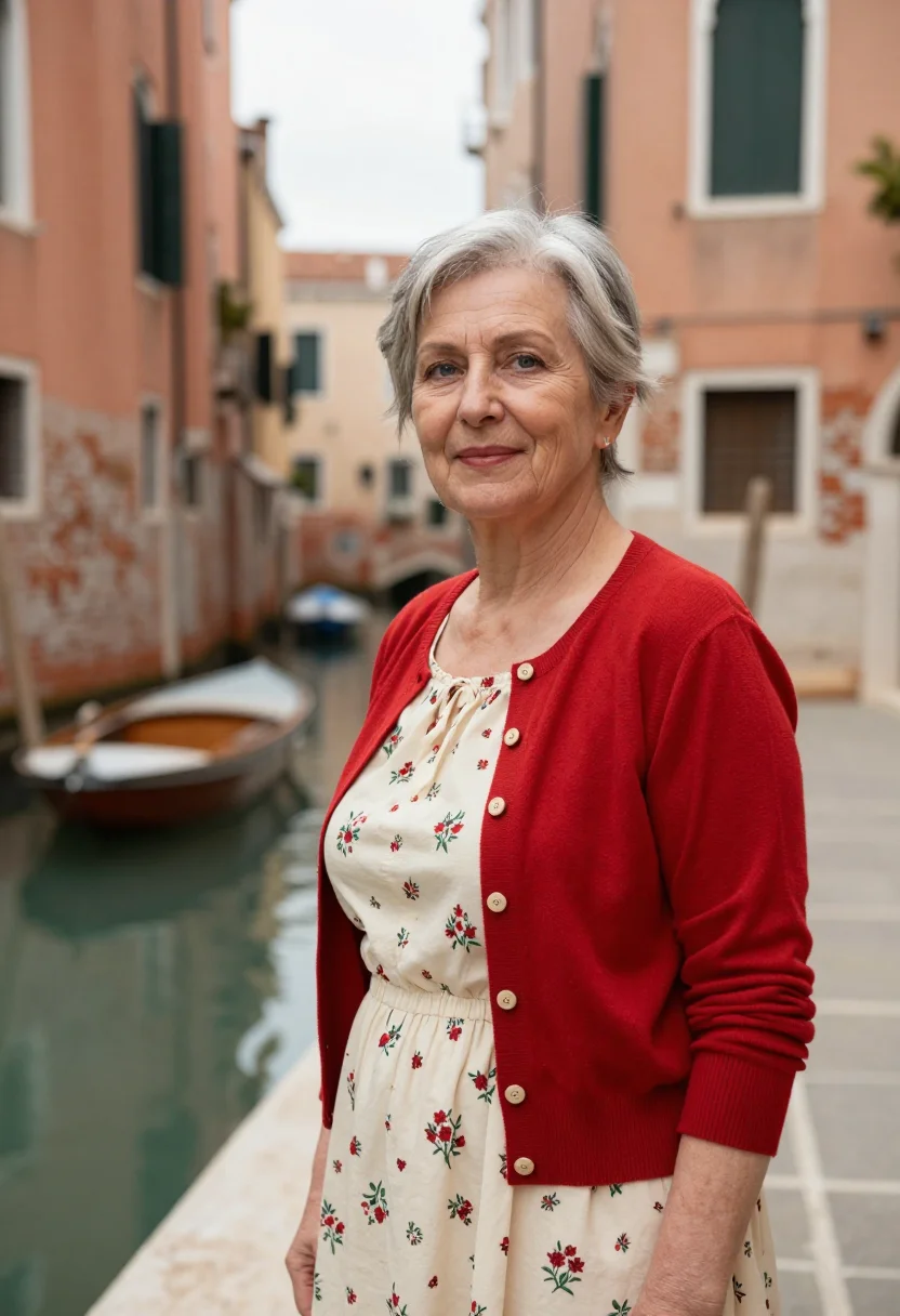 AI pane e tulipani venice florist palette sample — portrait of a woman in cream and red, in her sixties, of Ven