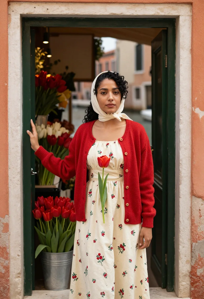 AI pane e tulipani venice florist palette sample — portrait of a woman in cream and red, in her thirties, of Mo
