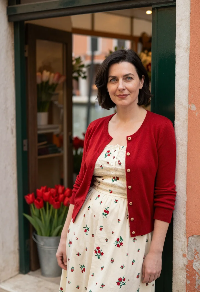 AI pane e tulipani venice florist palette sample — portrait of a woman in cream and red, in her forties, of Fre