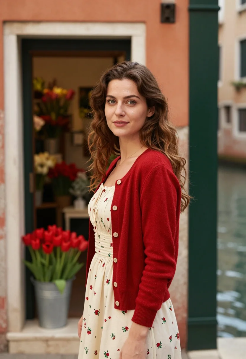 AI pane e tulipani venice florist palette sample — portrait of a woman in cream and red, in her twenties, of Cr