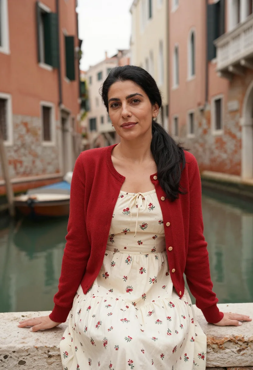 AI pane e tulipani venice florist palette sample — portrait of a woman in cream and red, in her forties, of Gre