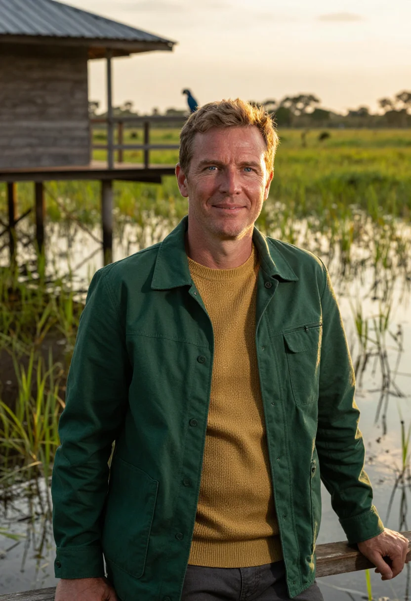 AI pantanal ecologist wetland green gold sample — portrait of a man, a Brazilian ecologist of German descent i