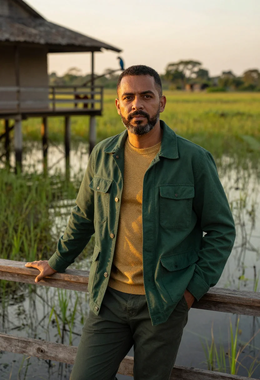 AI pantanal ecologist wetland green gold sample — portrait of a man, a mixed-race Brazilian ecologist in his l
