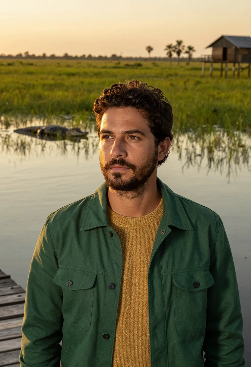 AI pantanal ecologist wetland green gold sample — portrait of a man, a Brazilian ecologist in his late thirtie