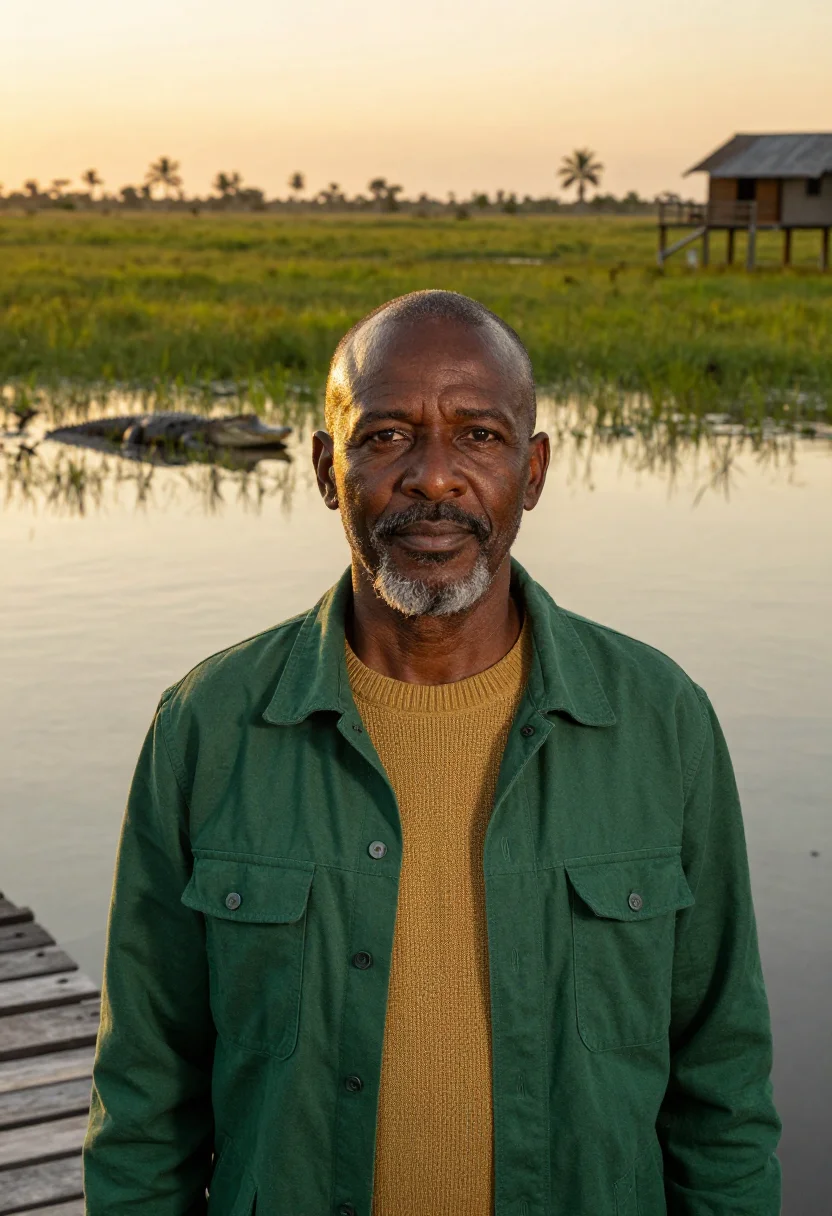 AI pantanal ecologist wetland green gold sample — portrait of a man, an Afro-Brazilian ecologist in his mid-fi