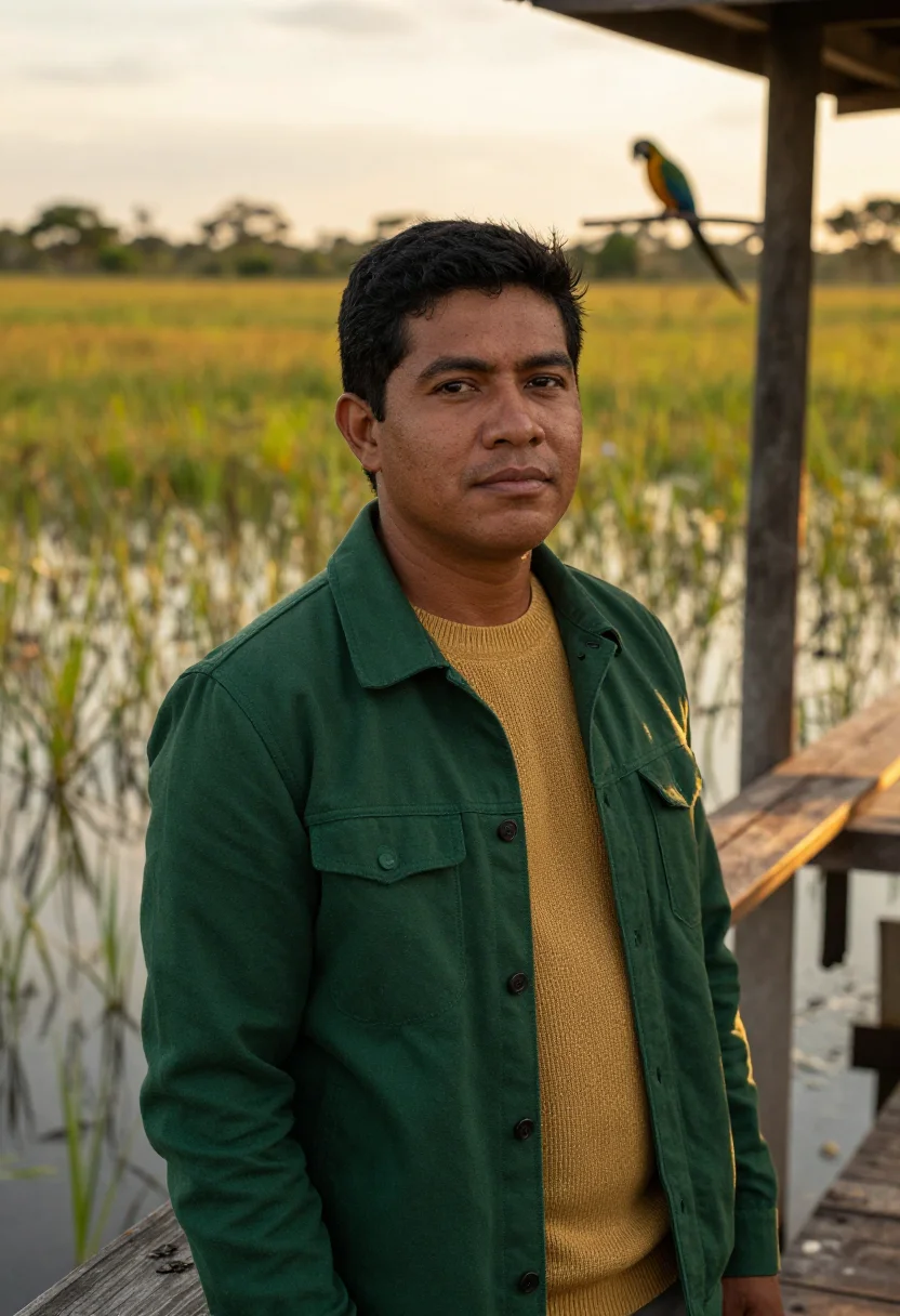 AI pantanal ecologist wetland green gold sample — portrait of a man, a Brazilian ecologist of mixed Indigenous