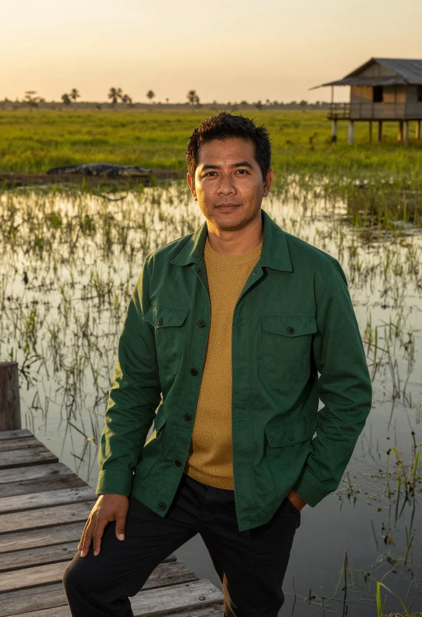 AI pantanal ecologist wetland green gold sample — portrait of a man, a Brazilian ecologist of Japanese descent