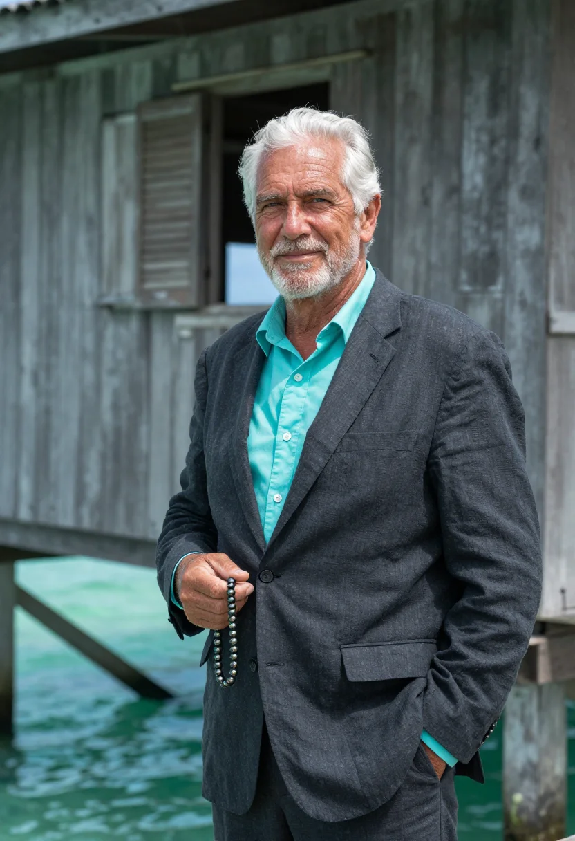 AI papeete pearl farm director black pearl lagoon sample — portrait of a man, a pearl farm director in his sixties of F