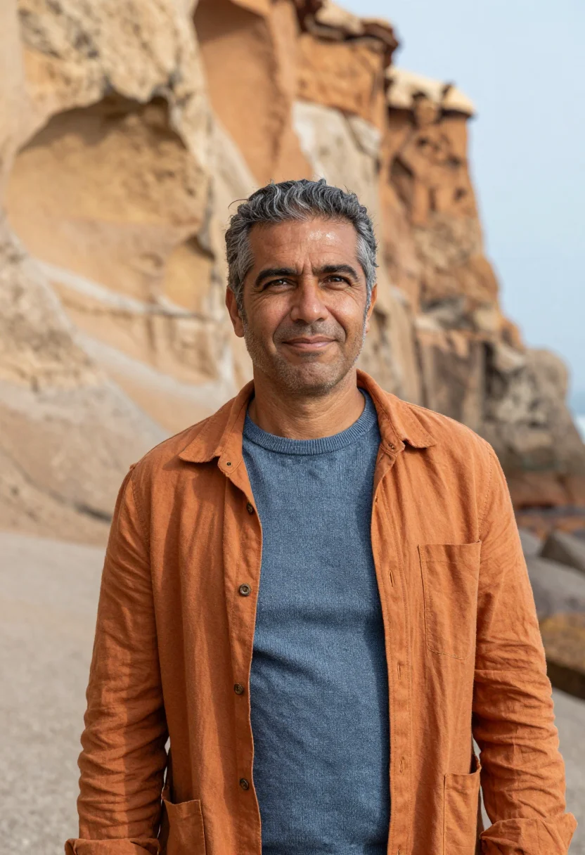 AI paracas marine biologist red beach ochre cliff sample — portrait of a man, a marine biologist in his fifties of Port