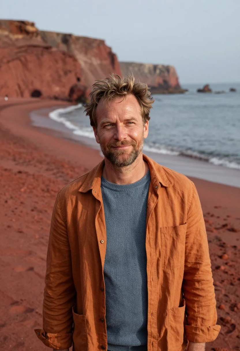 AI paracas marine biologist red beach ochre cliff sample — portrait of a man, a marine biologist in his forties of Dutc
