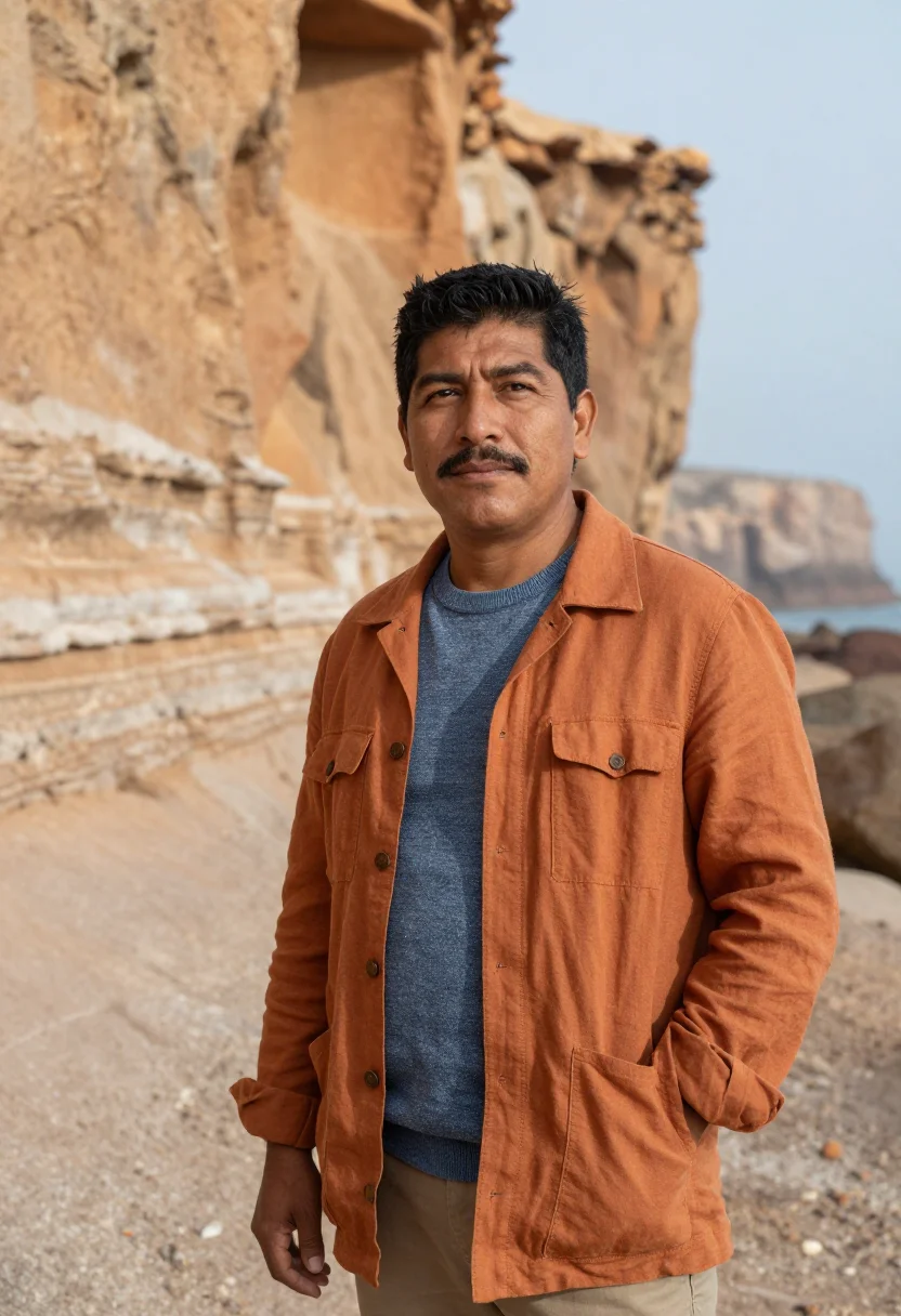 AI paracas marine biologist red beach ochre cliff sample — portrait of a man, a marine biologist in his forties of Peru