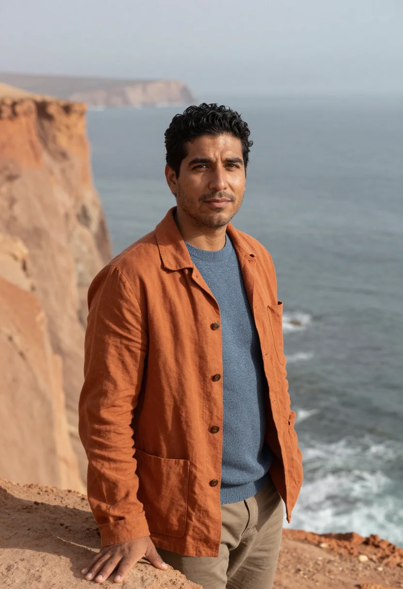 AI paracas marine biologist red beach ochre cliff sample — portrait of a man, a marine biologist in his early thirties
