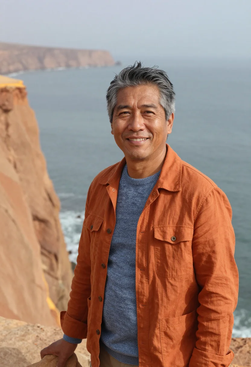 AI paracas marine biologist red beach ochre cliff sample — portrait of a man, a marine biologist in his fifties of Japa