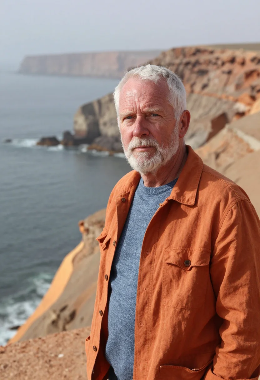 AI paracas marine biologist red beach ochre cliff sample — portrait of a man, a marine biologist in his sixties of Scot