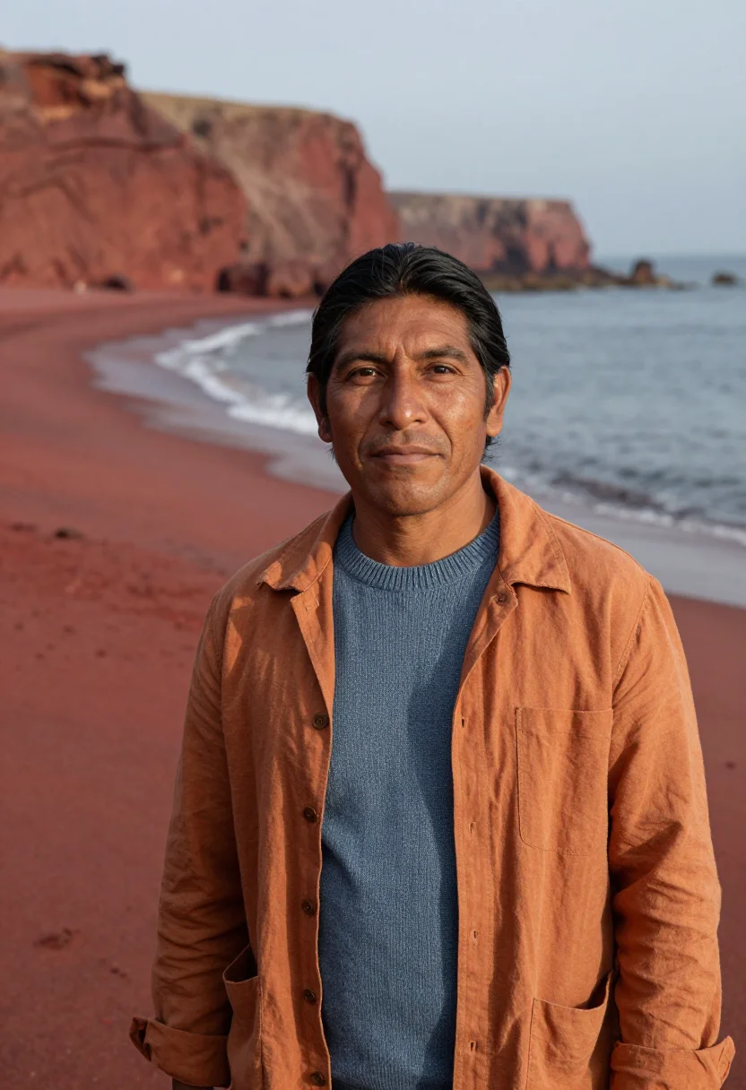 AI paracas marine biologist red beach ochre cliff sample — portrait of a man, a marine biologist in his forties of Quec