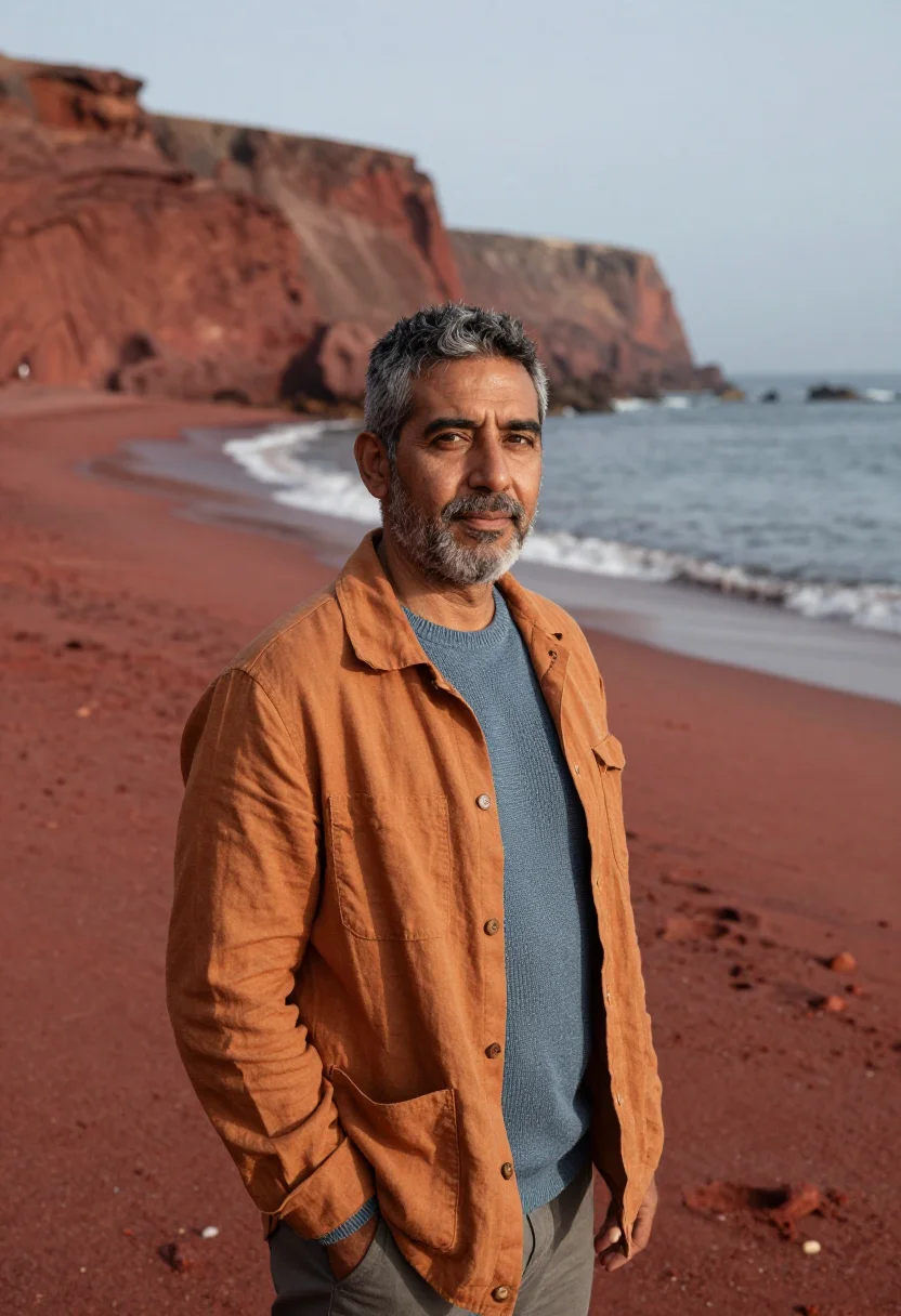 AI paracas marine biologist red beach ochre cliff sample — portrait of a man, a marine biologist in his fifties of Span