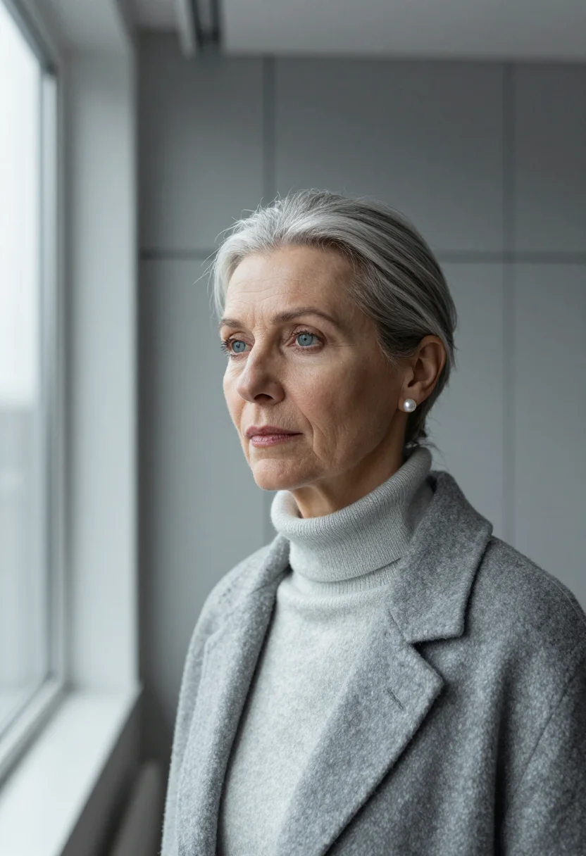 AI paradeplatz grey sample — portrait of a woman, framed as a tight headshot from the cro