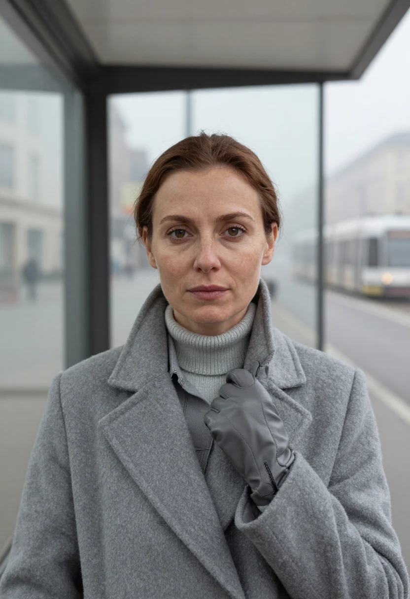 AI paradeplatz grey sample — portrait of a woman, framed head and shoulders, tighter, the