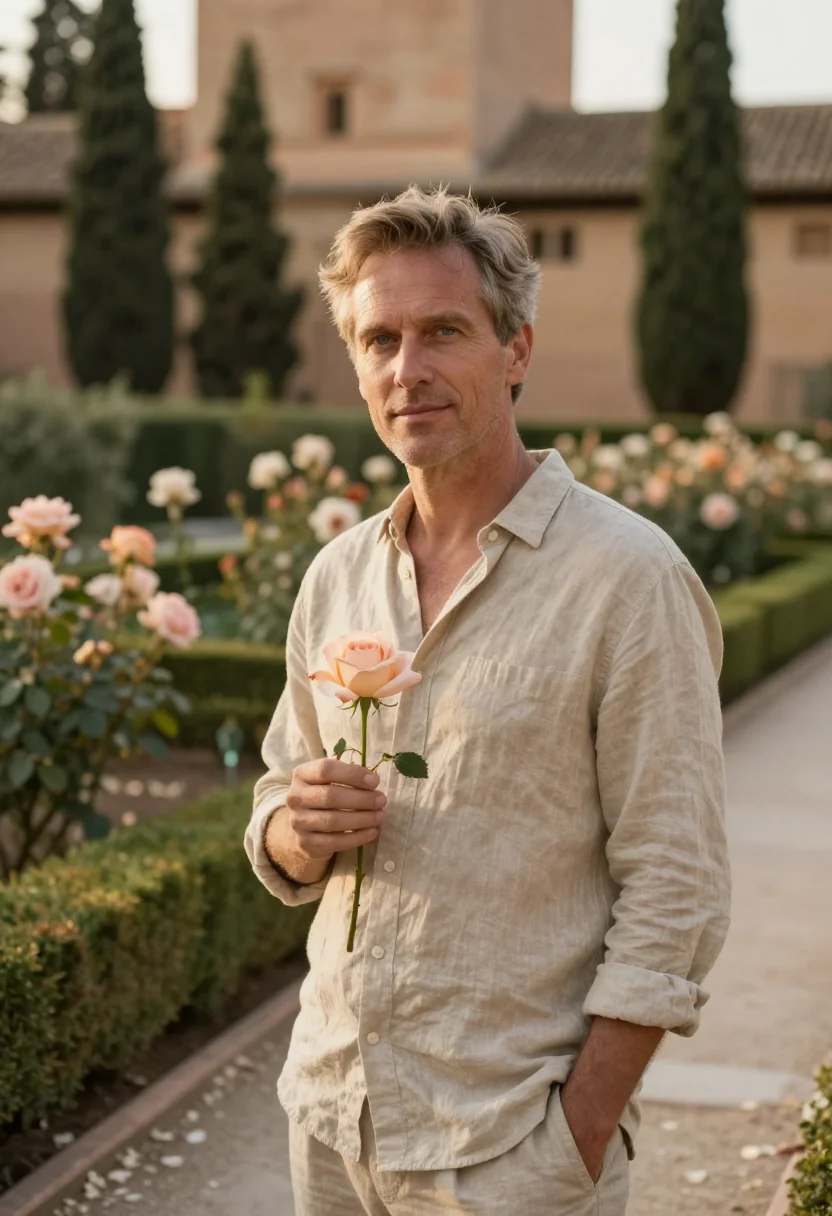 AI parador granada alhambra garden rose sample — portrait of a man, a British man in his late forties with fa