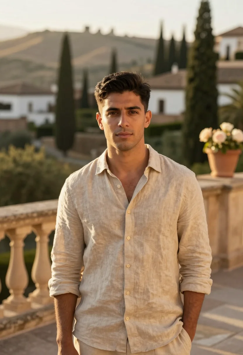 AI parador granada alhambra garden rose sample — portrait of a man, a Granadan man in his late twenties with