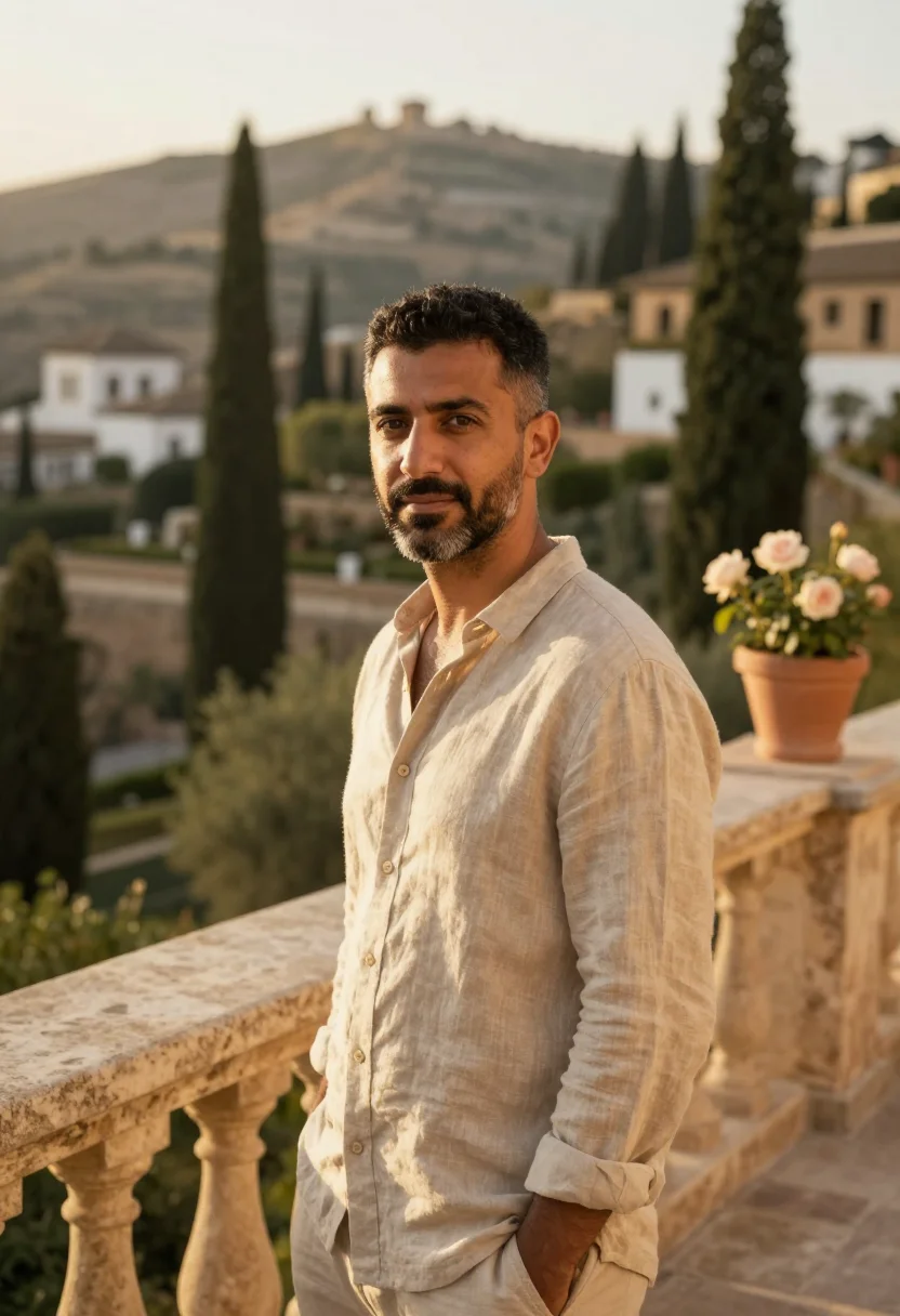 AI parador granada alhambra garden rose sample — portrait of a man, a Lebanese man in his mid-forties with wa