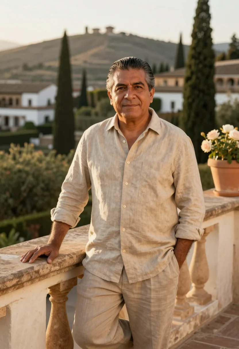 AI parador granada alhambra garden rose sample — portrait of a man, a Mexican man in his early fifties with w