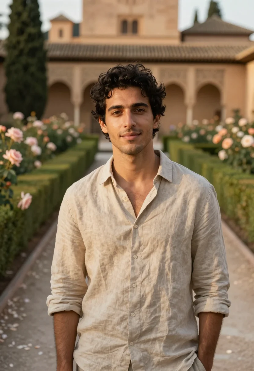 AI parador granada alhambra garden rose sample — portrait of a man, a Spanish man in his early thirties with