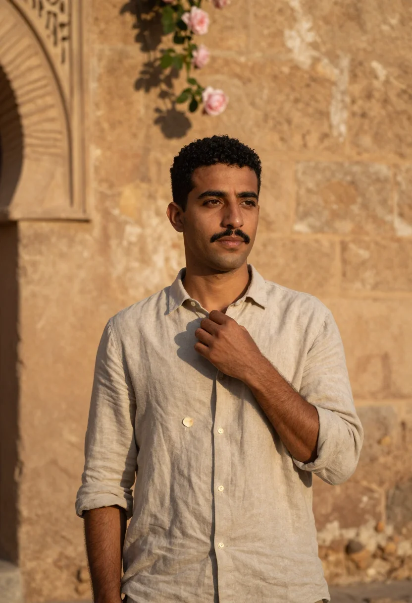 AI parador granada alhambra garden rose sample — portrait of a man, a Moroccan man in his late thirties with