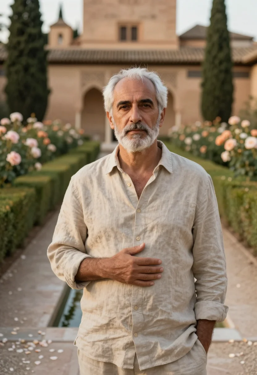 AI parador granada alhambra garden rose sample — portrait of a man, an Italian man in his mid-sixties with ol